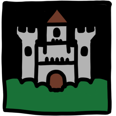a simple drawing of a light grey castle with a black background. the castle has a brown tower roof and door and greenery in front of it.